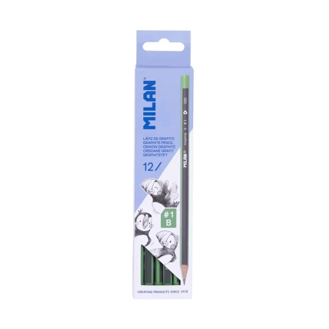 Milan Pack de 12 Lapices de Grafito Triangulares - Mina B #1 de 2mm - Resistente a la Rotura - Para Escritura y Dibujo 1
