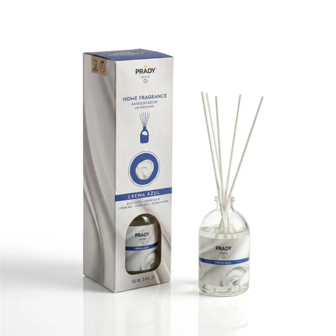 Prady Ambientador Mikado Crema Azul - Frasco de Cristal 100ml y Varitas Difusoras 1