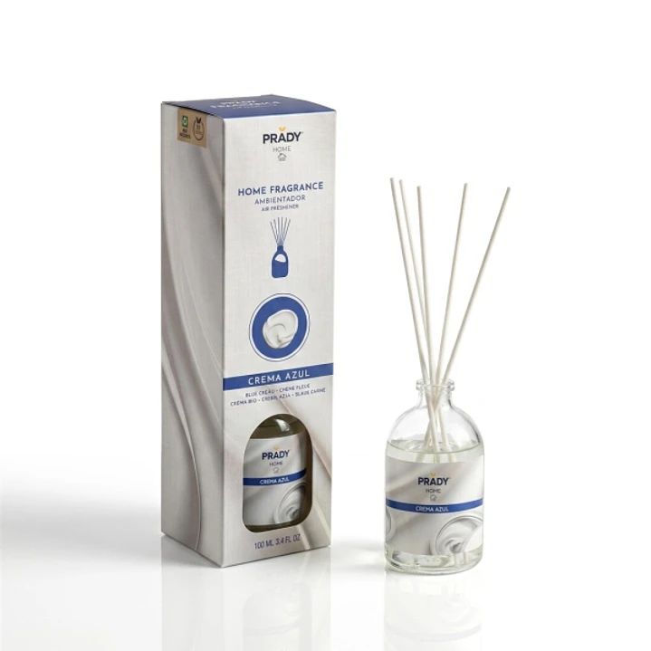 Prady Ambientador Mikado Crema Azul - Frasco de Cristal 100ml y Varitas Difusoras 1