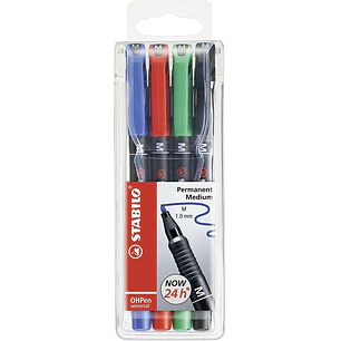 Stabilo OHPen Pack de 4 Rotuladores Permanentes - Punta Media - Trazo de 1mm - Agarre Antideslizante - Tapon Ventilado - Colores Surtidos