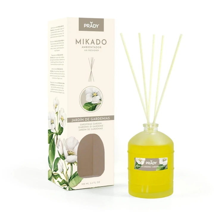 Prady Ambientador Mikado Jardin de Gardenias - Frasco de Cristal 100 ml y Varitas Difusoras 1