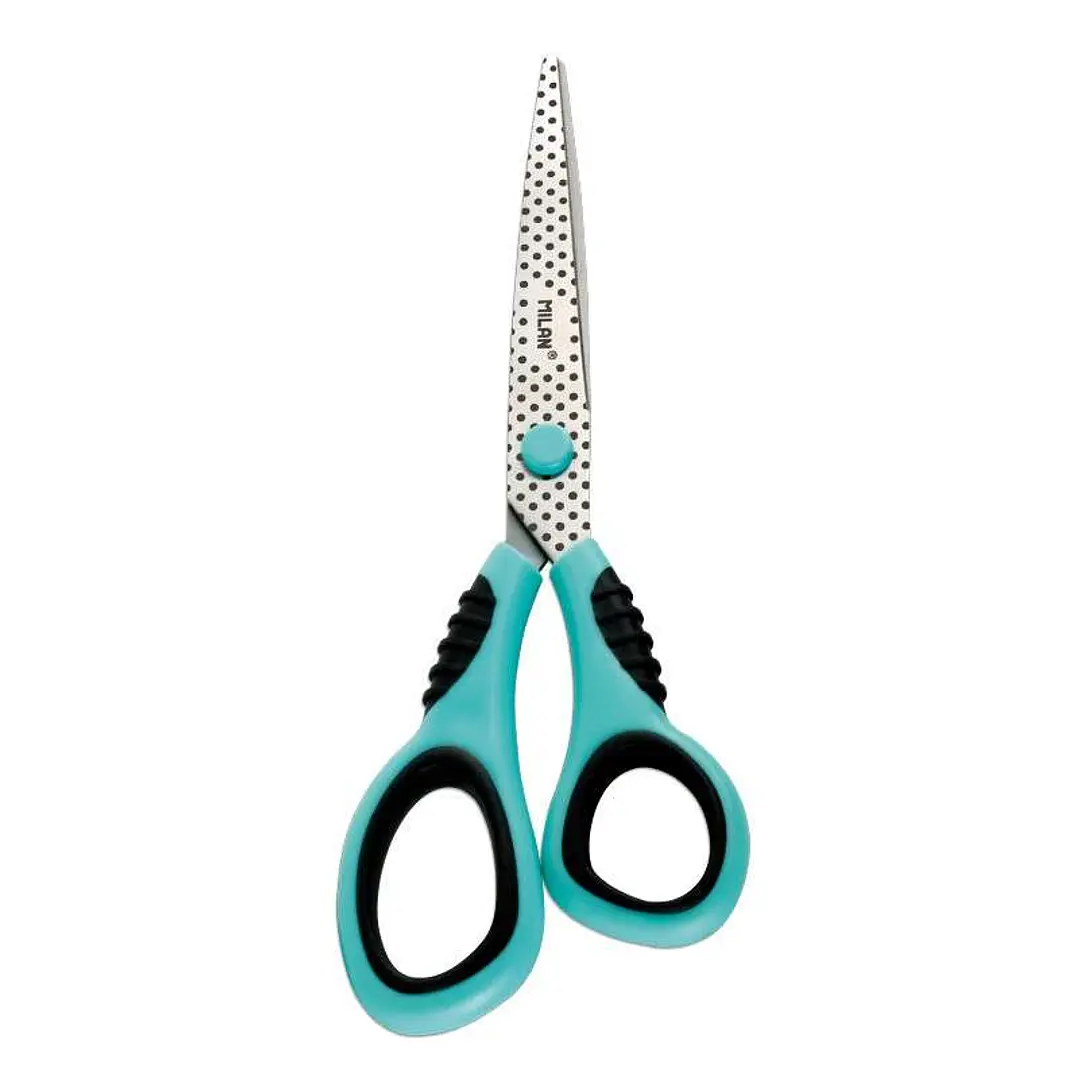Milan Dots & Buttons Tijeras Oficina con Cuchilla de Acero Inoxidable - Mango de Plastico Turquesa Ergonomico - Longitud 20,5cm - Color Azul 1