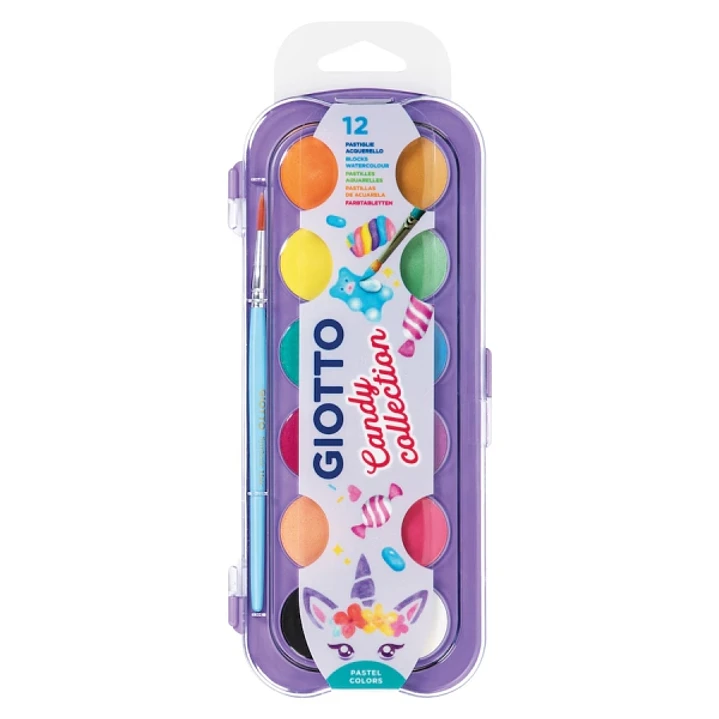 Giotto Candy Collection Estuche de 12 Acuarelas de 30mm + Pincel - Colores Brillantes, Intensos y Vivos - Muy Cubrientes - Colores Surtidos 1