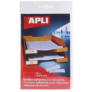 Apli Bolsillos Adhesivos para Etiquetas - Tamaño 25x75mm - Cambia la Informacion de la Etiqueta Segun tus Necesidades - Contiene 12 Bolsillos por Bols