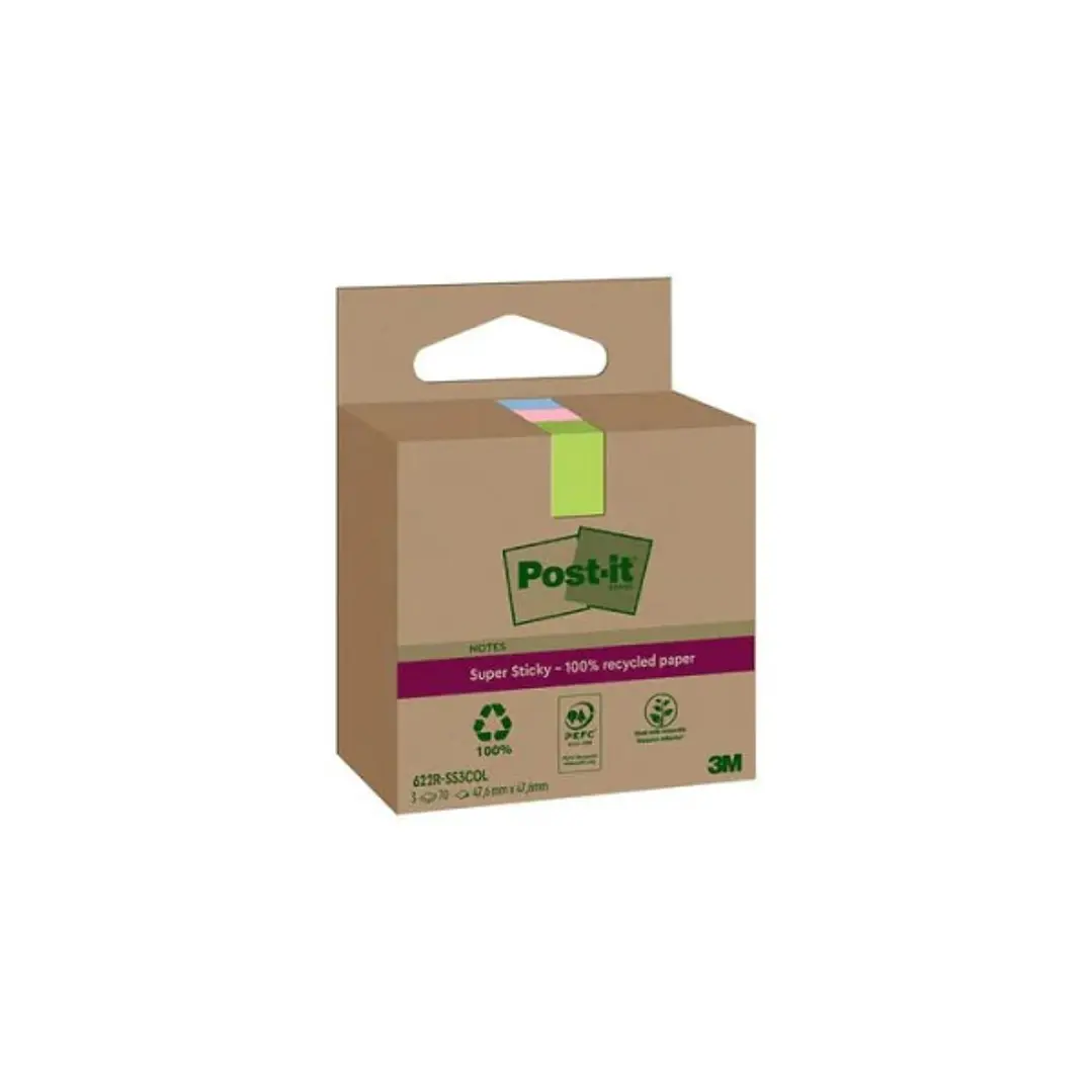 Post-It Super Sticky Pack de 3 Blocs de 70 Notas Adhesivas Recicladas - Forma Cuadrada - 47.6x47.6mm - Colores Surtidos 1