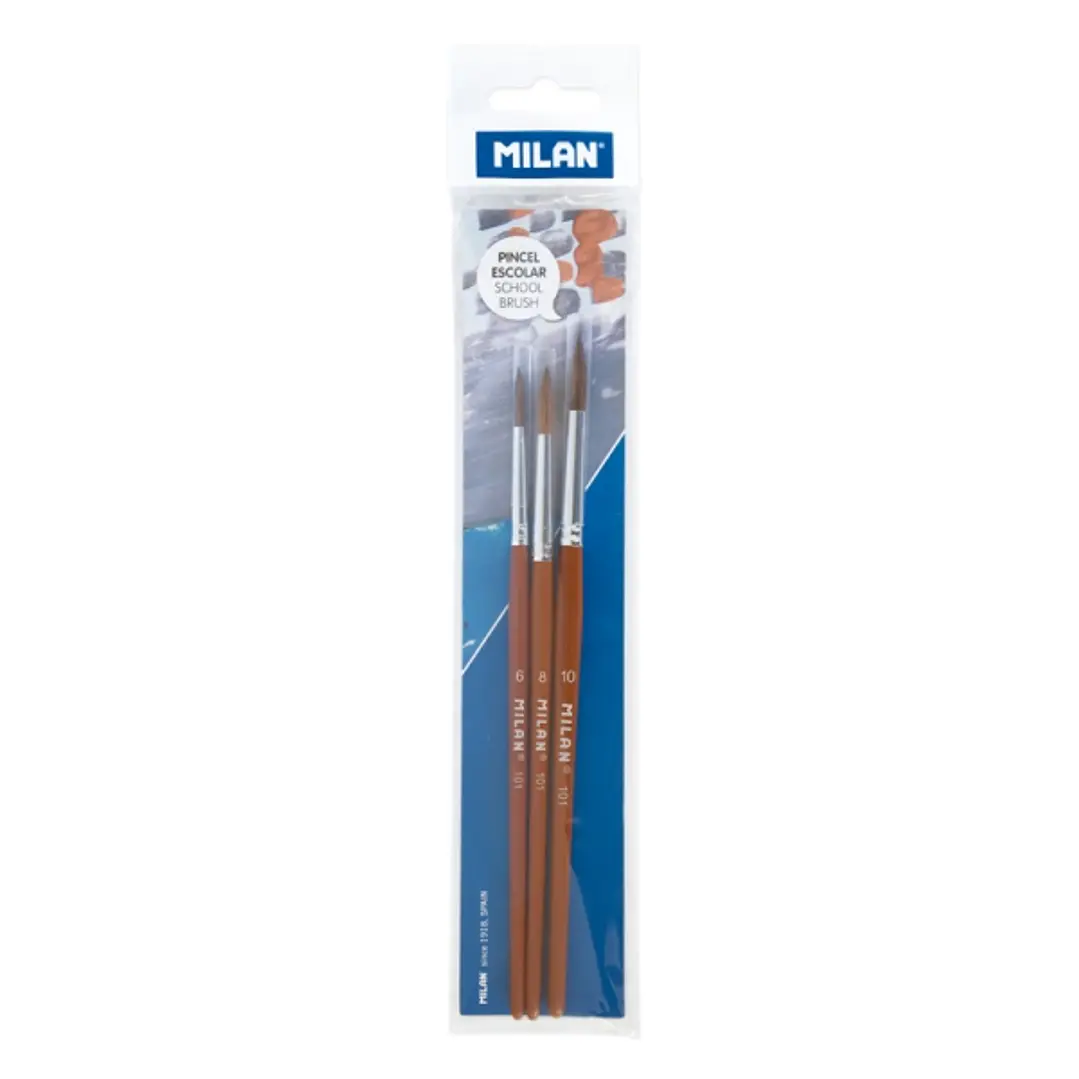 Milan 101 Pack de 3 Pinceles Escolares Redondos - Formatos Surtidos - Color Madera Oscuro 1