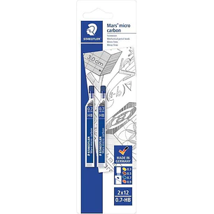 Staedtler Micro Carbon 250 Pack de 2 Tubos de 12 Minas - Mina HB de 0.7mm - Resistencia a la Rotura - 90% Procedente de Materiales Naturales