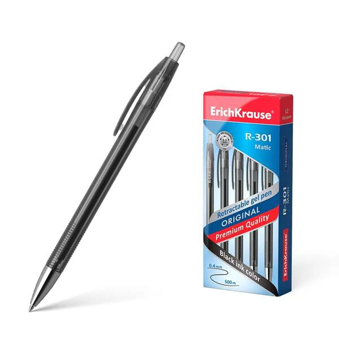 Erichkrause Boligrafo de Gel Automatico R-301 Original Gel Matic - Tinta de Gel de Secado Rapido - Cuerpo Transparente con Grip Perfilado - Color Negr 1