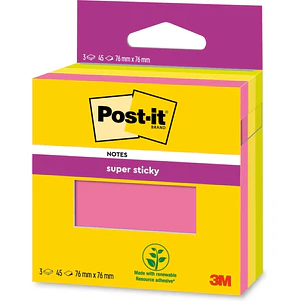 Post-It Super Sticky Pack de 3 Blocs de 45 Notas Adhesivas Reposicionables - 76x76mm - 100% PEFC - Colores Surtidos