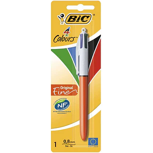 Bic 4 Colours Original Fine Boligrafo de Bola Retractil - Punta Fina de 0.8mm - Tinta con Base de Aceite - Cuerpo Rojo/Blanco - 4 Colores