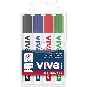 Molin Viva Pack de 4 Rotuladores para Pizarra Blanca - Punta Redonda de Fibra Sintetica - Trazo 3mm - Tinta con Base de Alcohol - Colores Surtidos