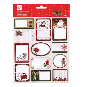 Apli Pack de 12 Etiquetas Adhesivas Navideñas para Regalos - Tamaños y Diseños Surtidos - Espacio para Escribir