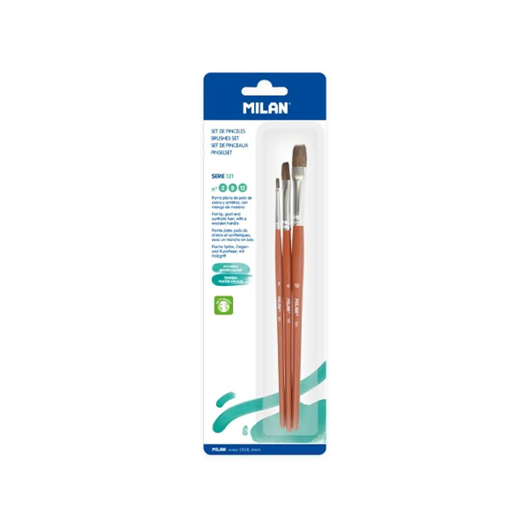 Milan 121 Pack de 3 Pinceles Planos - Formatos Surtidos - Color Madera Oscuro 1