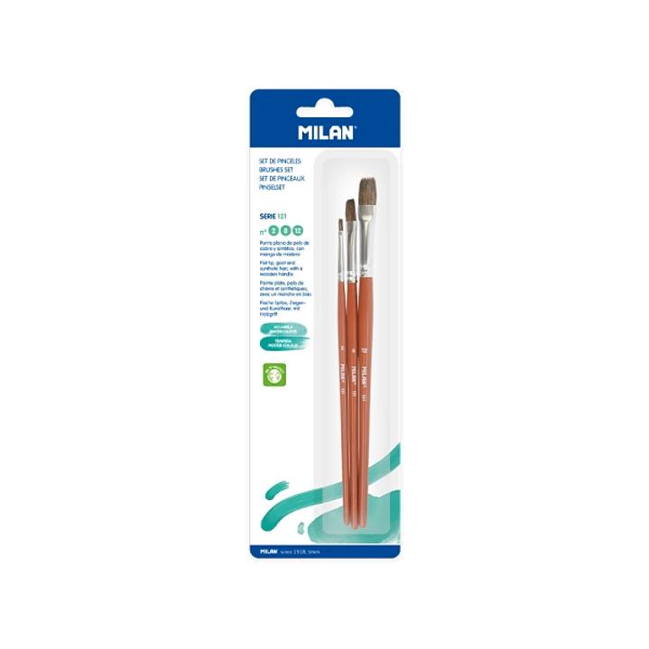 Milan 121 Pack de 3 Pinceles Planos - Formatos Surtidos - Color Madera Oscuro 1