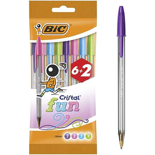 Bic Cristal Fun 6+2 Pack de 8 Boligrafos de Bola - Punta Redonda de 1.6mm - Trazo 0.42mm - Tinta con Base de Aceite - Colores Surtidos