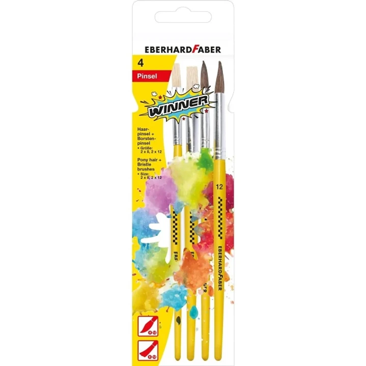 Eberhard Faber Winner Pack con 4 Pinceles de Pelo Cerda y Pelo Poni Tamaños 8, 12 - Virola de Aluminio 1