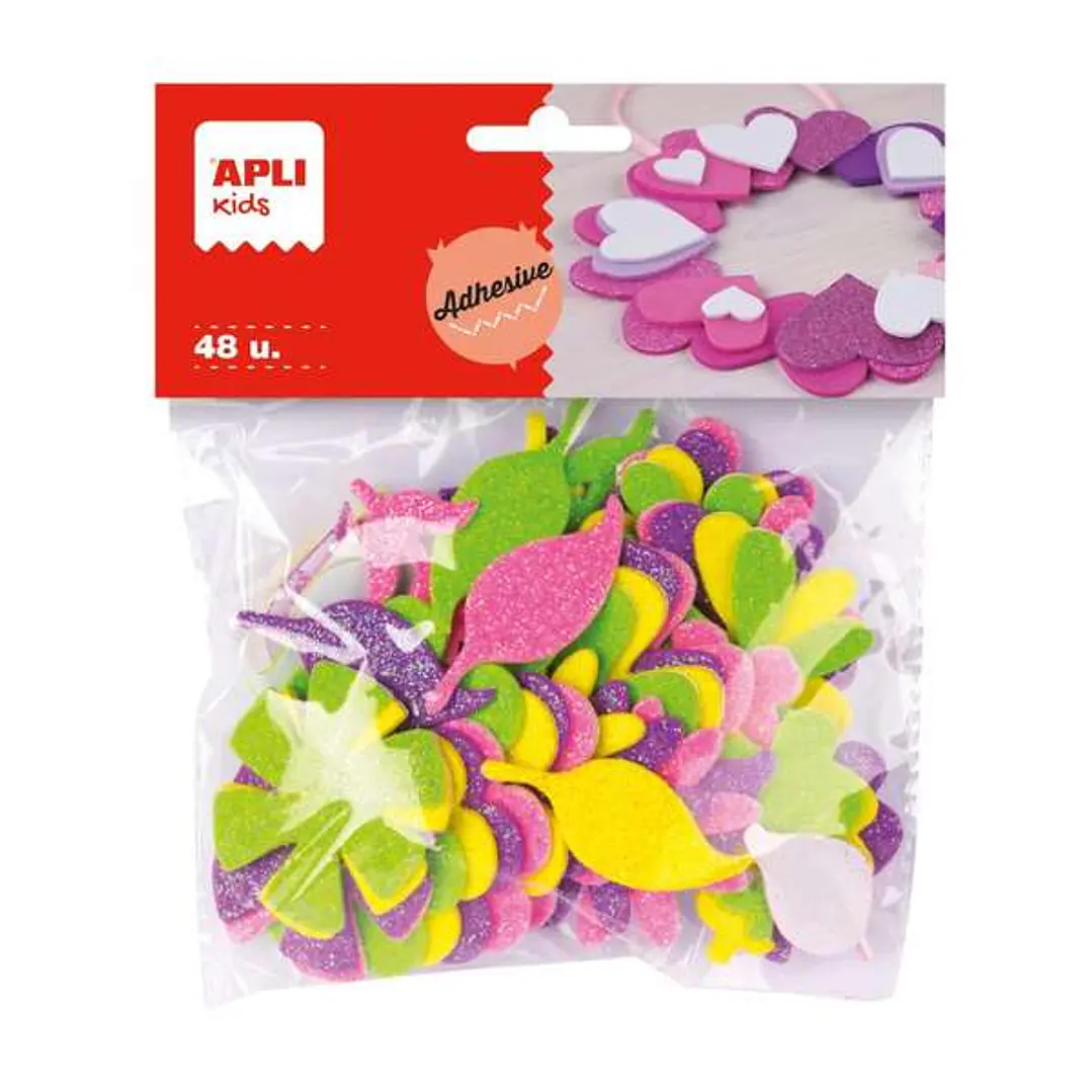 Apli Formas de Flor Adhesivas de Goma Eva - 48 Formas - Medidas Surtidas - Material Suave y Seguro - Colores Surtidos Purpurina 1
