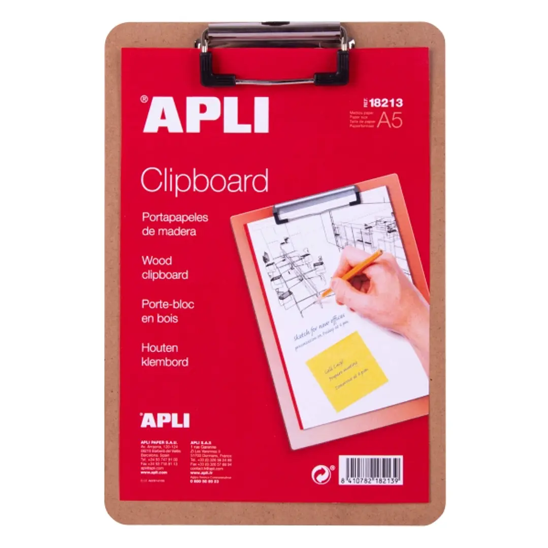 Apli Carpeta Portapapeles con Base de Madera y Pinza Metalica - Medidas 155x225mm - Formato A5 1