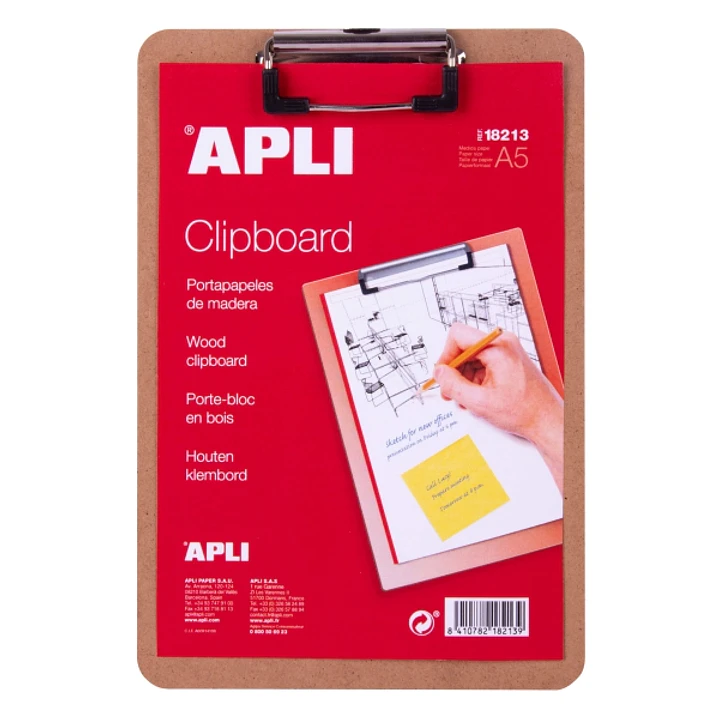 Apli Carpeta Portapapeles con Base de Madera y Pinza Metalica - Medidas 155x225mm - Formato A5 1