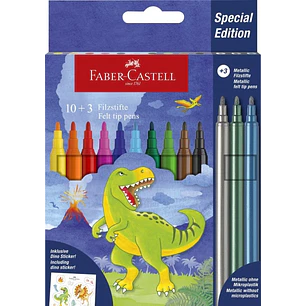 Faber-Castell Edicion Dinosaurios Pack de 13 Rotuladores de Colores - 10 Colores Clasicos + 3 Colores Metalizados - Incluye Pegatinas de Dinosaurios -