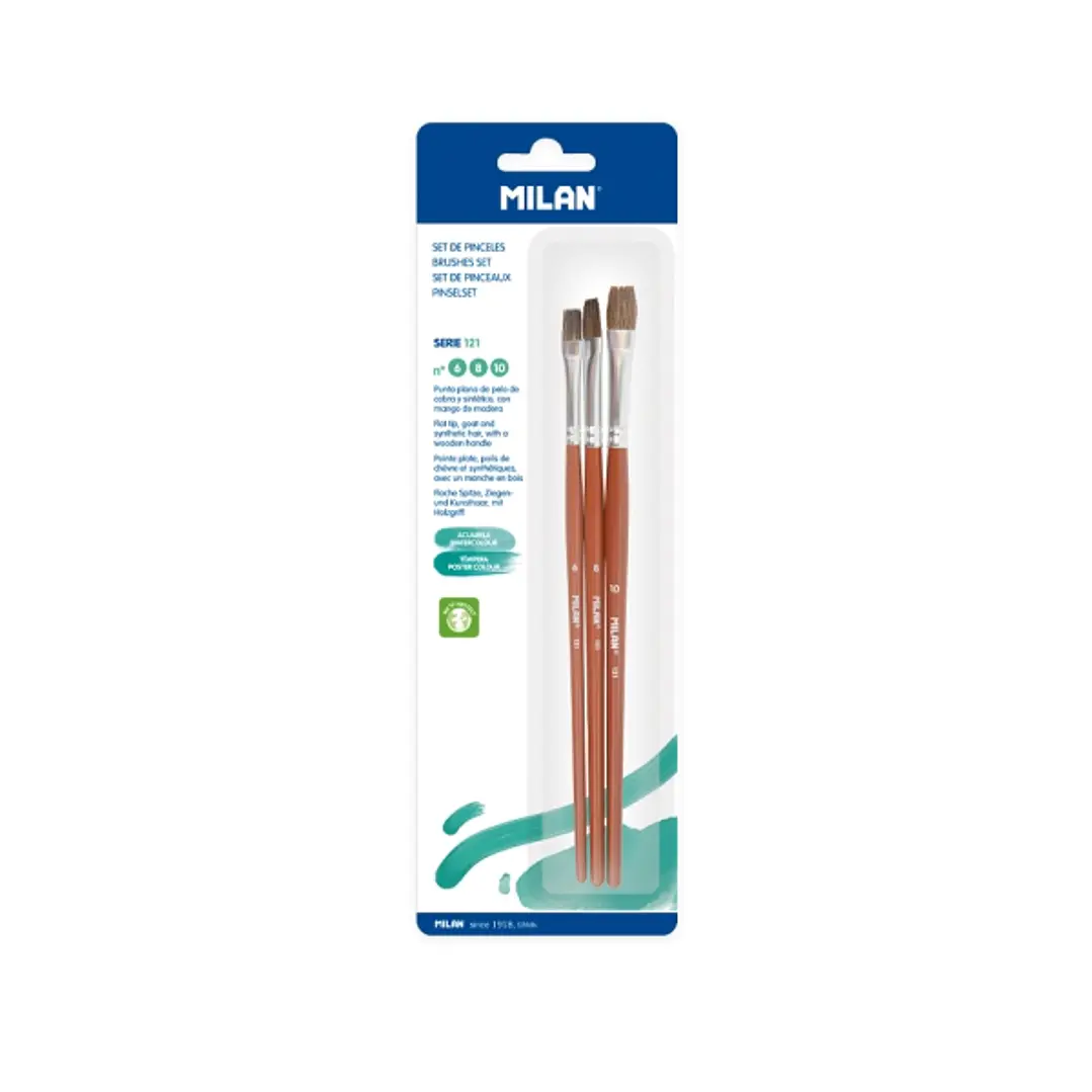 Milan 121 Pack de 3 Pinceles Planos - Formatos Surtidos - Color Madera Oscuro 1