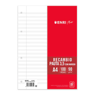 Enri Plus Recambio Formato A4 - Pautado 3.5mm 4 Taladros - 100 Hojas 90gr con Margen