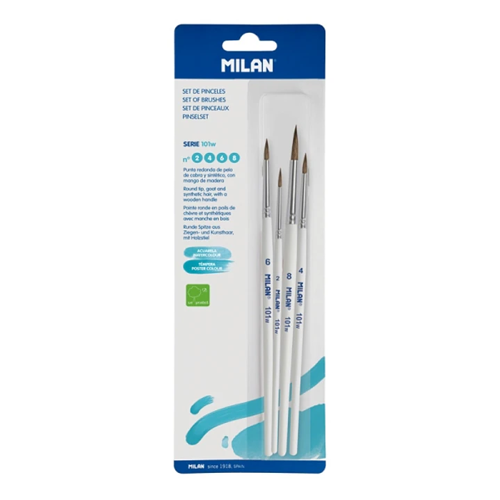 Milan 101W Pack de 4 Pinceles Redondos - Pelo de Cabra y Sintetico - Formatos Surtidos - Color Blanco 1