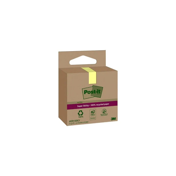 Post-It Super Sticky Pack de 3 Blocs de 70 Notas Adhesivas Recicladas - Forma Cuadrada - 47.6x47.6mm - Color Amarillo Claro 1