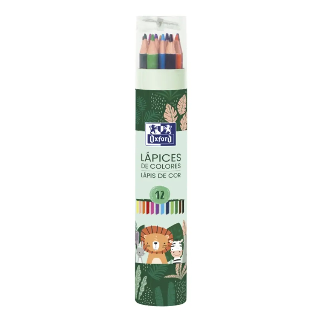 Oxford Animal Besties Tubo de 12 Lapices de Colores + Sacapuntas - Fabricados en Madera - Lapices Decorados con Diseños de Animales - Colores Surtidos 1