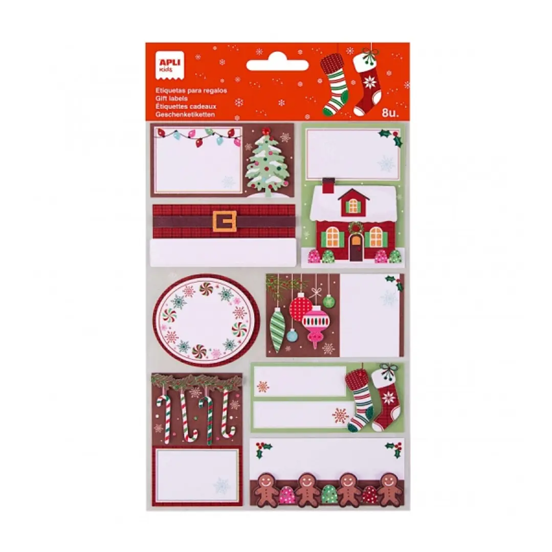 Apli Pack de 8 Etiquetas Adhesivas Navideñas para Regalos - Tamaños y Diseños Surtidos - Espacio para Escribir 1
