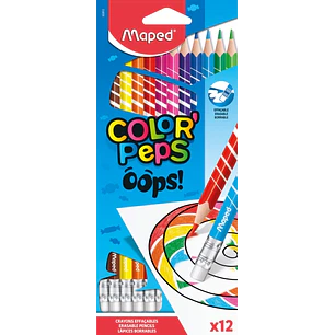 Maped Color´Peps Oops Pack de 12 Lapices de Colores Borrables - Mina 2.9mm - Con Goma de Borrar - Sin Madera - Colores Surtidos