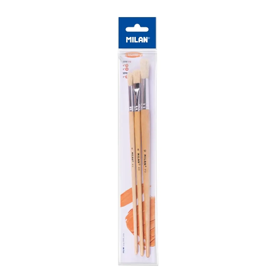 Milan 512 Pack de 3 Pinceles para Oleo - Formatos Surtidos - Incluye 1 Pincel Serie 522 Numero 8 - Color Madera Claro 1