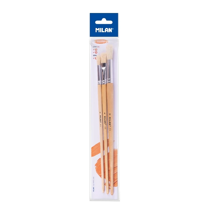 Milan 512 Pack de 3 Pinceles para Oleo - Formatos Surtidos - Incluye 1 Pincel Serie 522 Numero 8 - Color Madera Claro 1