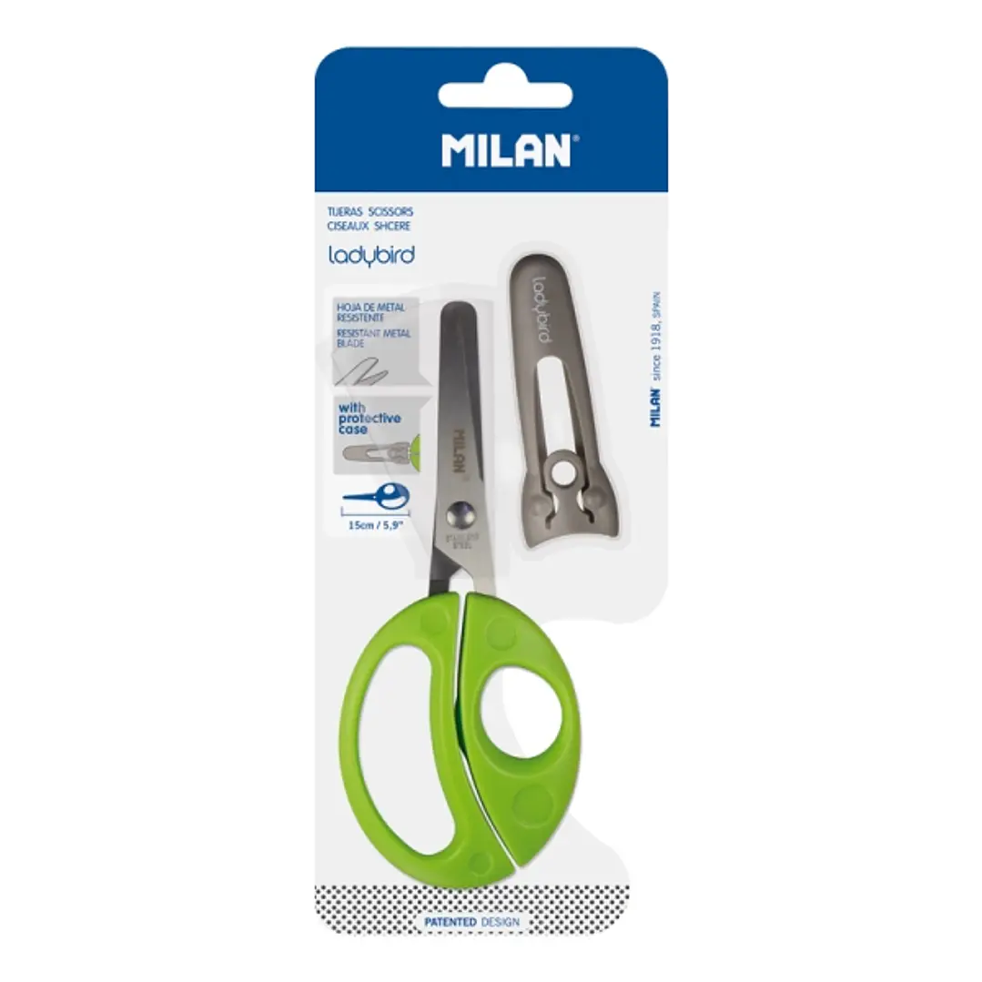 Milan Ladybird Tijeras con Funda - Mango Ergonomico - Punta Redondeada - Acero Inoxidable de 15cm - Color Verde 1