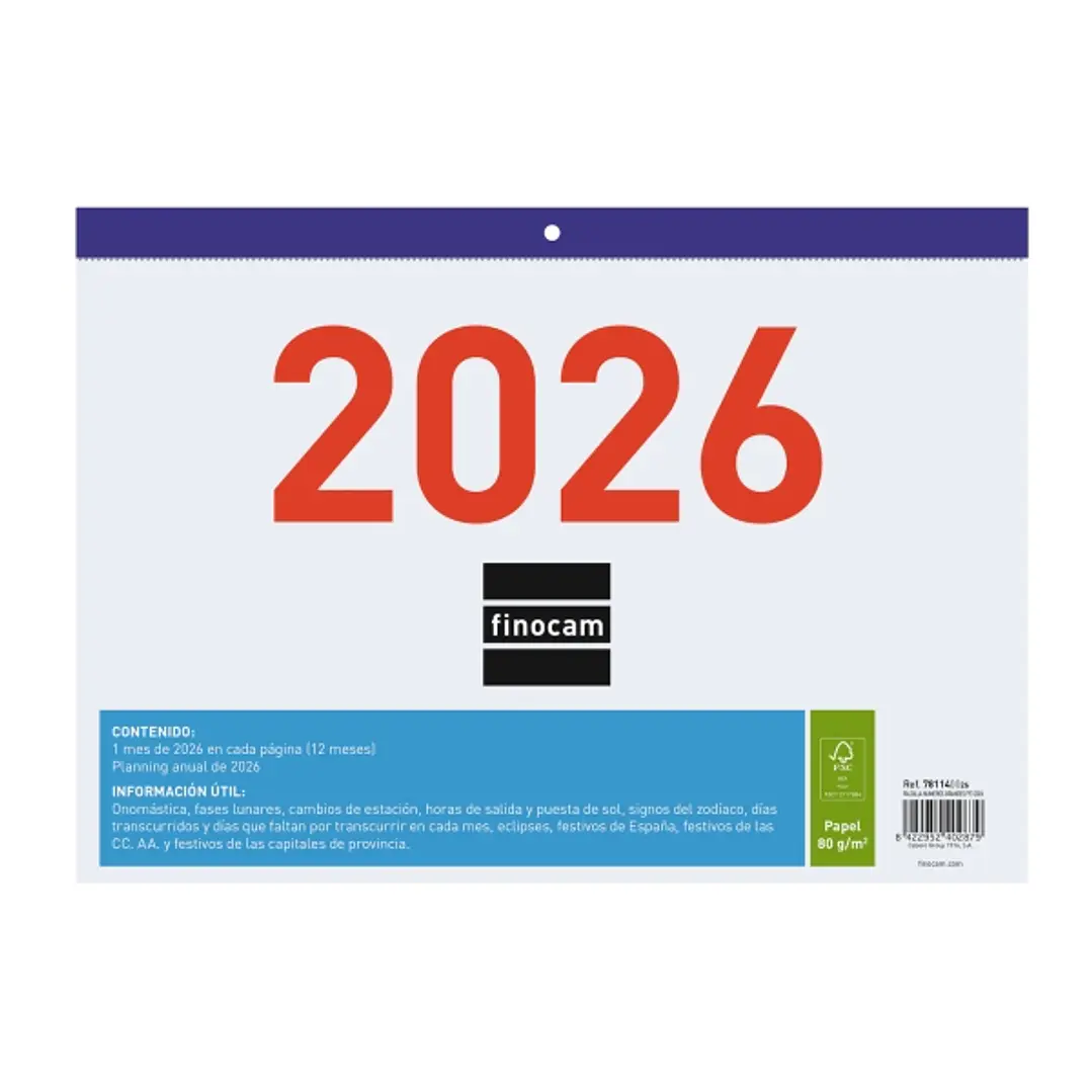 Finocam Calendario Faldilla - Anual 2026 - Formato F93 - 300x3x210mm - Numeros Grandes - Color Blanco y Azul 1
