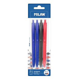 Milan P1 Touch Pack de 4 Boligrafos de Bola Retractiles - Punta Redonda 1mm - Tinta con Base de Aceite - Escritura Suave - 1.200m de Escritura - Color
