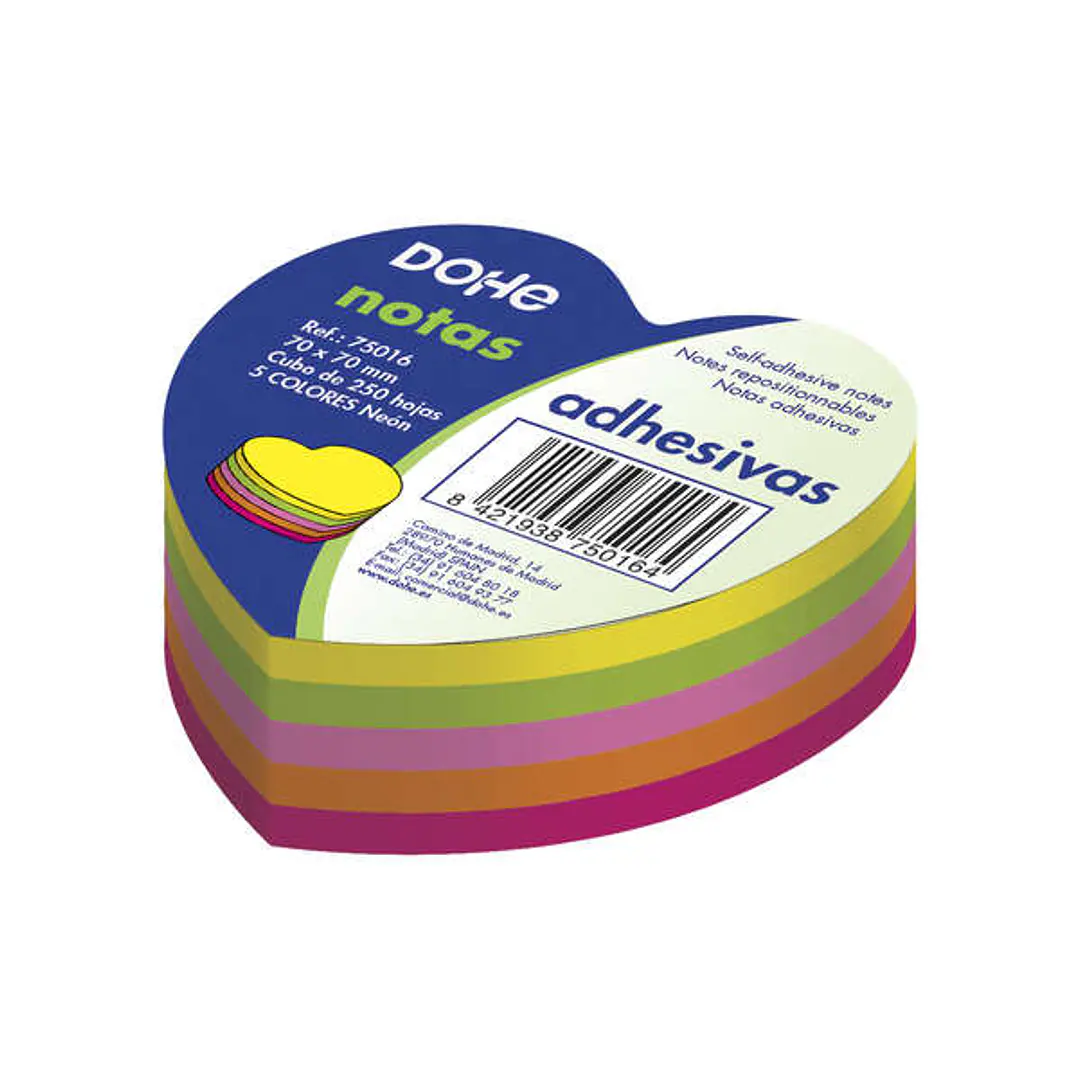 Dohe Cubo de 250 Notas Reposicionables con Forma de Corazon - Tamaño 70x70mm - Papel de 75gr - Ideal para Oficina y Escuela - Colores Neon Surtidos 1