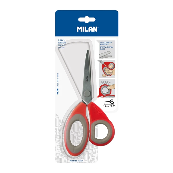 Milan Tijeras de Oficina de 19cm - Mango Ergonomico - Hoja de Acero Inoxidable - Color Rojo 1