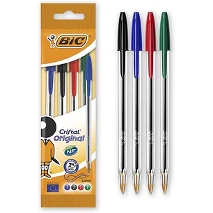 Bic Cristal Original Pack de 4 Boligrafos de Bola - Punta Redonda de 1.0mm - Trazo 0.4mm - Tinta con Base de Aceite - Colores Surtidos