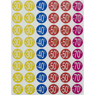 Apli Pack de 240 Etiquetas de Descuento -30%, -40%, -50%, -70% - Tamaño Ø 24mm - Forma Redonda - Colores Amarillo, Azul, Rojo y Fucsia
