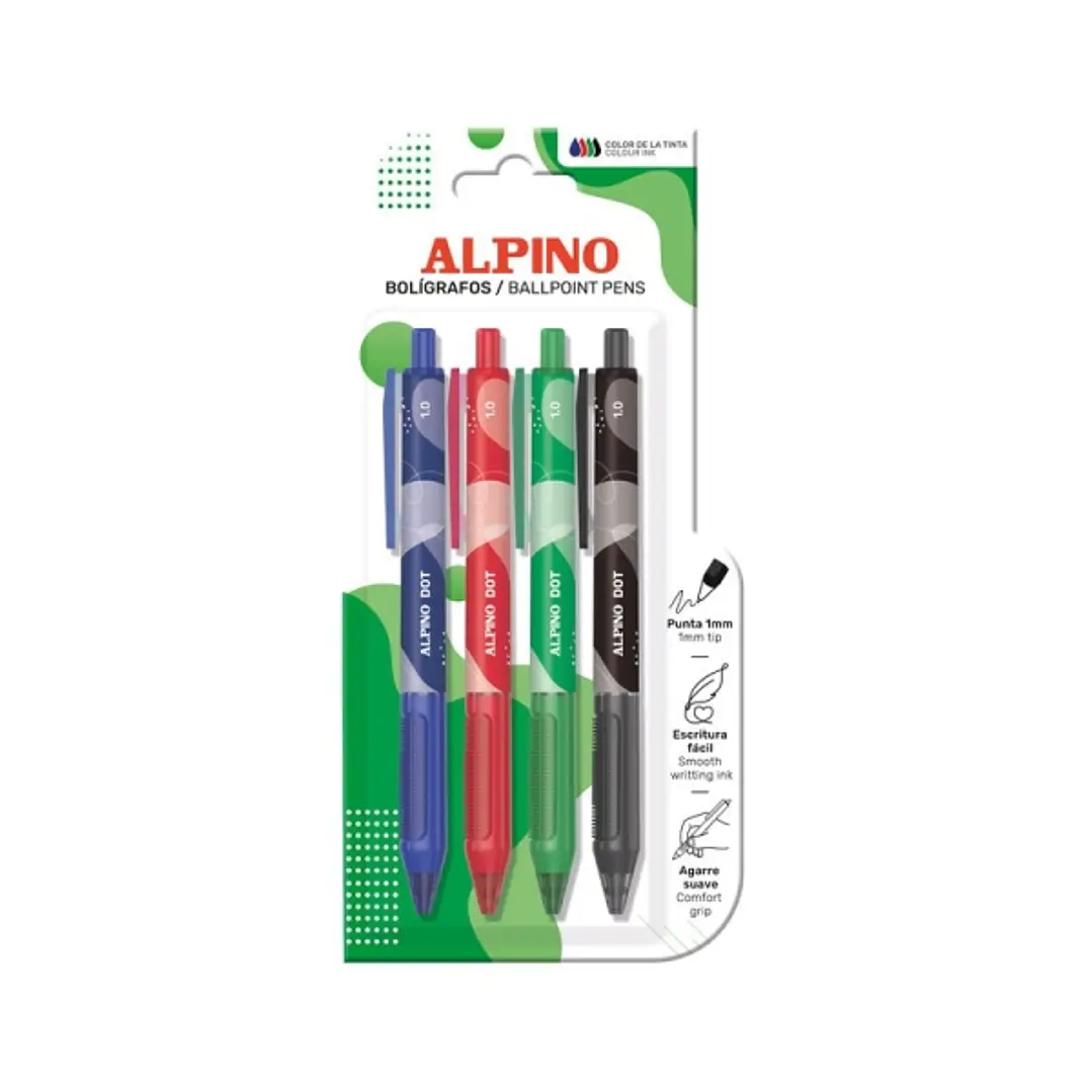Alpino Dot Pack con 4 Boligrafos Retractiles - Punta 1mm - Agarre Suave - Colores Surtidos 1