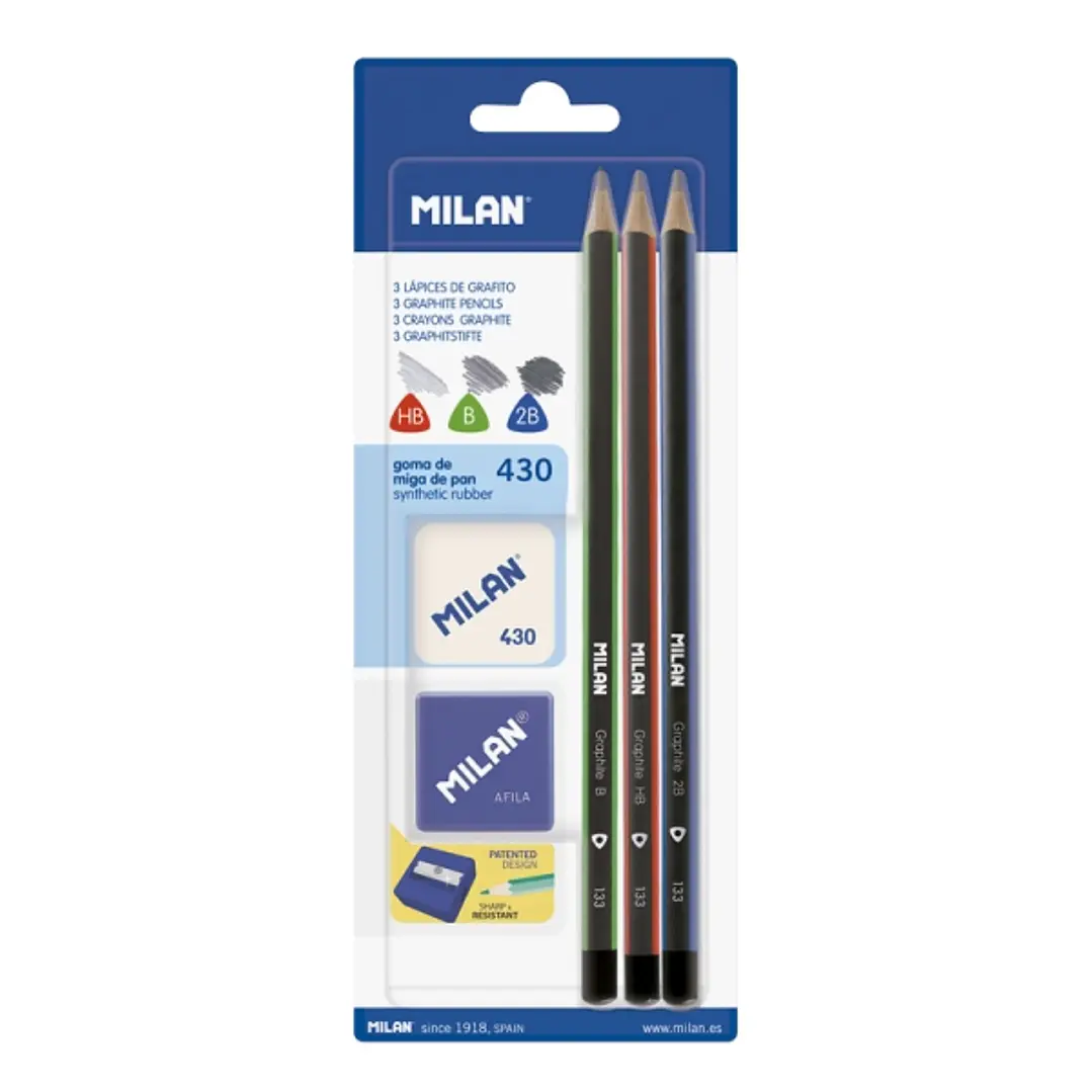 Milan Pack de 3 Lapices + Sacapuntas + Goma de Borrar - Triangulares - Durezas Surtidas - Colores Surtidos 1