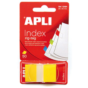 Apli Indices Adhesivos Film Zigzag 45x25mm Dispensador de 50 - Adhesivo Removible - Zigzag para Facil Identificacion - Amarillo