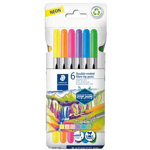 Staedtler 3200 Pack de 6 Rotuladores de Doble Punta - Resistente a la Presion - Colores Neon Surtidos