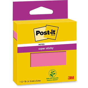 Post-It Super Sticky Bloc de 90 Notas Adhesivas Reposicionables - 76x76mm - 100% PEFC - Color Rosa