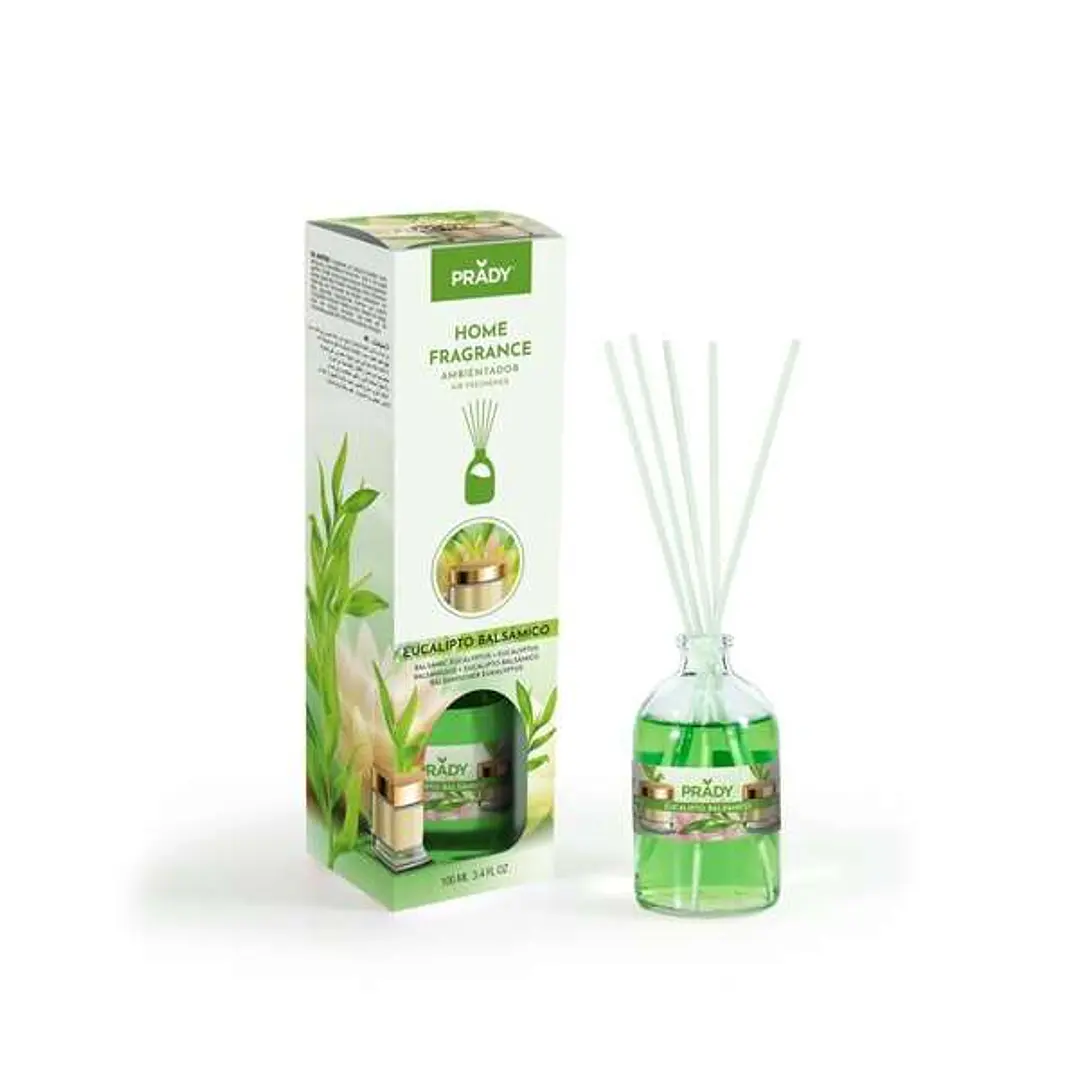 Prady Ambientador Mikado Eucalipto Balsamico - Frasco de Cristal 100ml y Varitas Difusoras 1