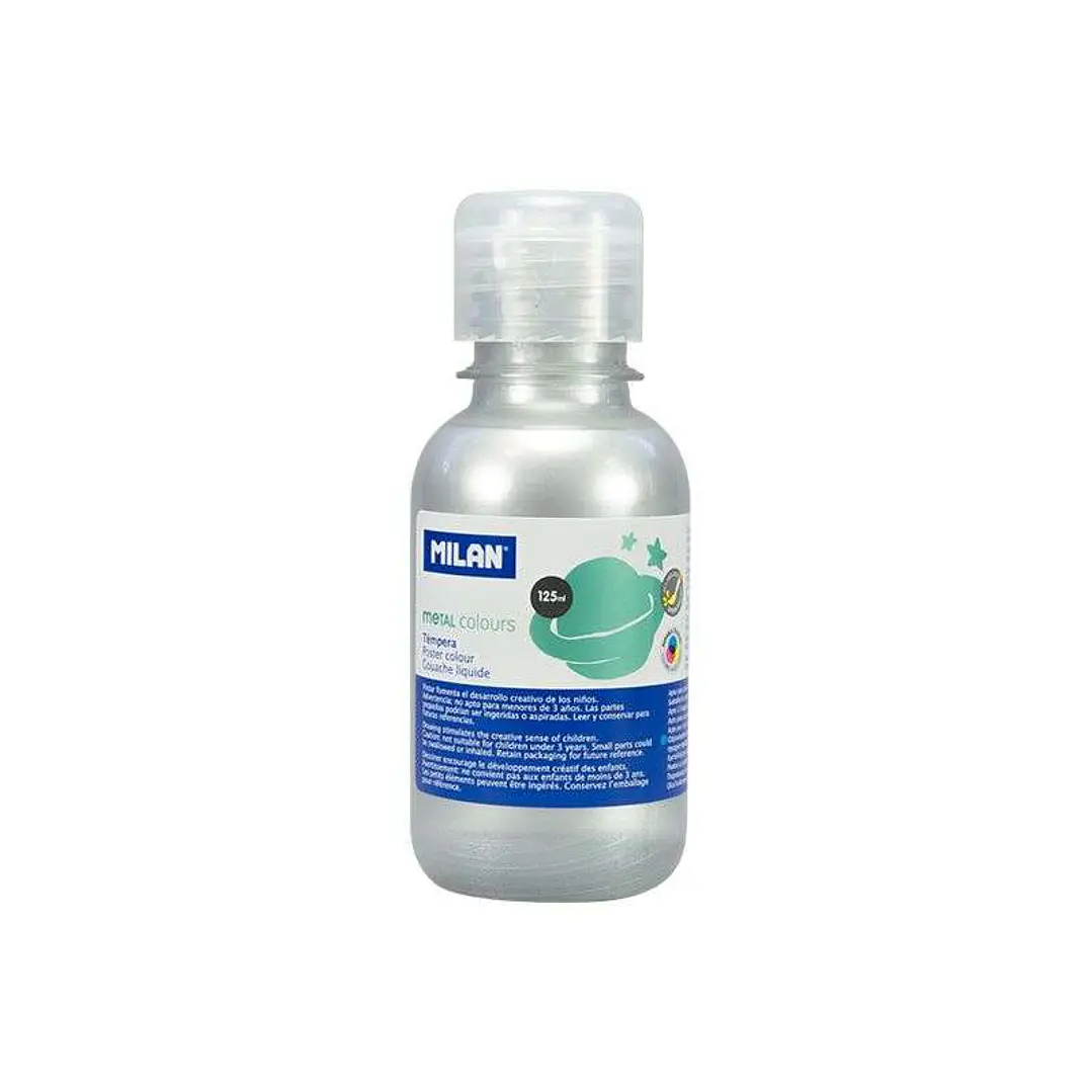 Milan Botella de Tempera 125ml - Tapon Dosificador - Secado Rapido - Mezclable - Color Plata 1