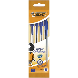 Bic Cristal Original Pack de 4 Boligrafos de Bola - Punta Redonda de 1.0mm - Trazo 0.4mm - Tinta con Base de Aceite - Color Azul