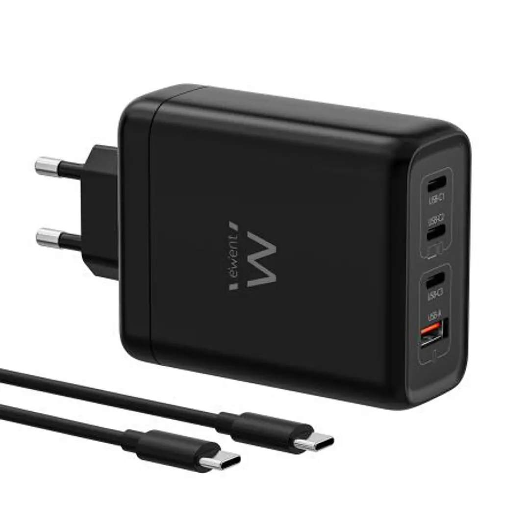 Ewent EW1337 Cargador GAN 140W - 3xUSB-C PD3.1, QC5.0 - 1xUSB-A QC3.0 - Cable 2 Metros - Color Negro 1
