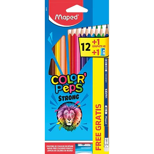 Maped Color´Peps Strong Pack de 12 Lapices Triangulares de Colores + 1 Lapiz de Grafito con Goma + Sacapuntas - Sin Madera - Mina 3,2mm - Punta Ultra 